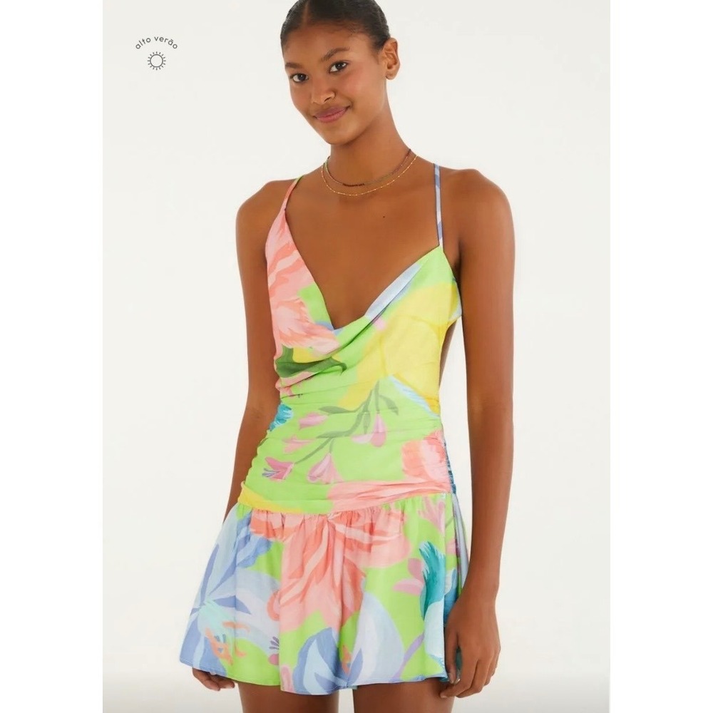 Farm Rio Love of Flower Short Dress Neon Floral Draped Cowl Neck Open Back Sz S - Picture 6 of 16